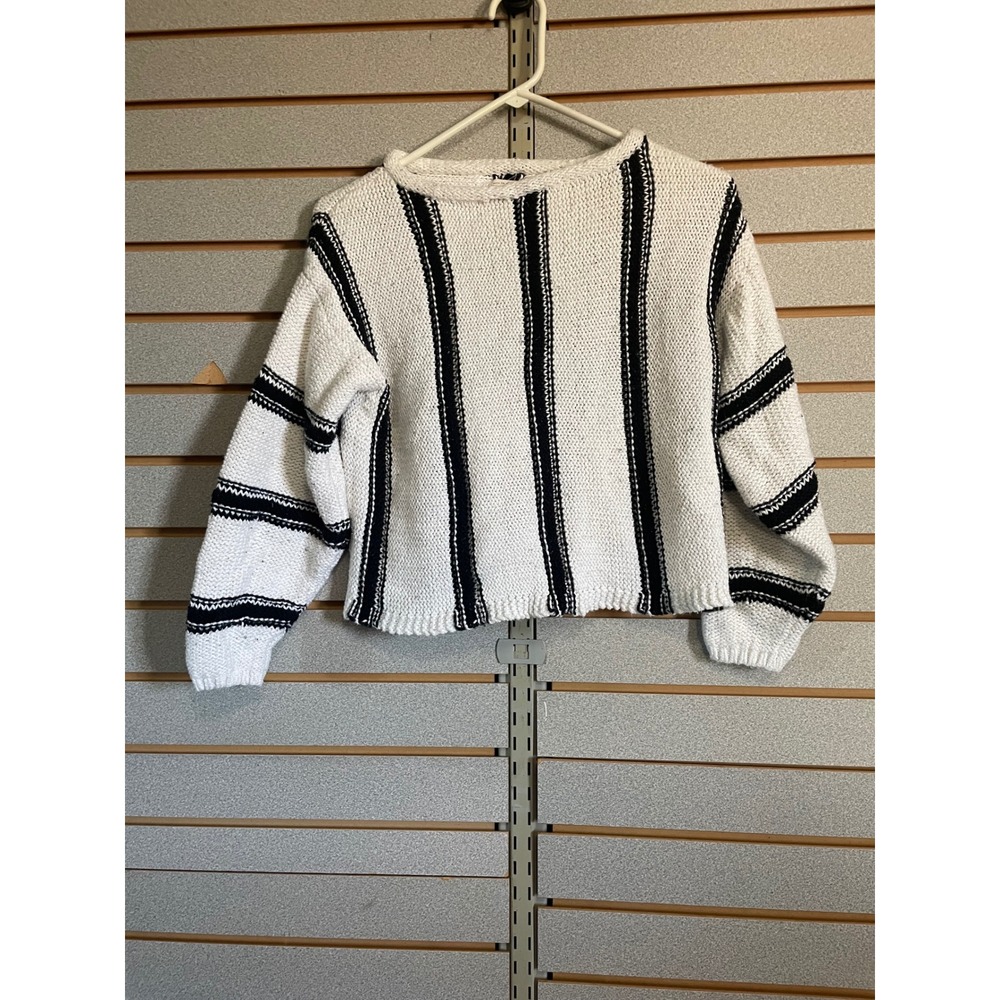 Billabong Striped Knit Sweater Cropped Long Sleeve White Black Womens Size S